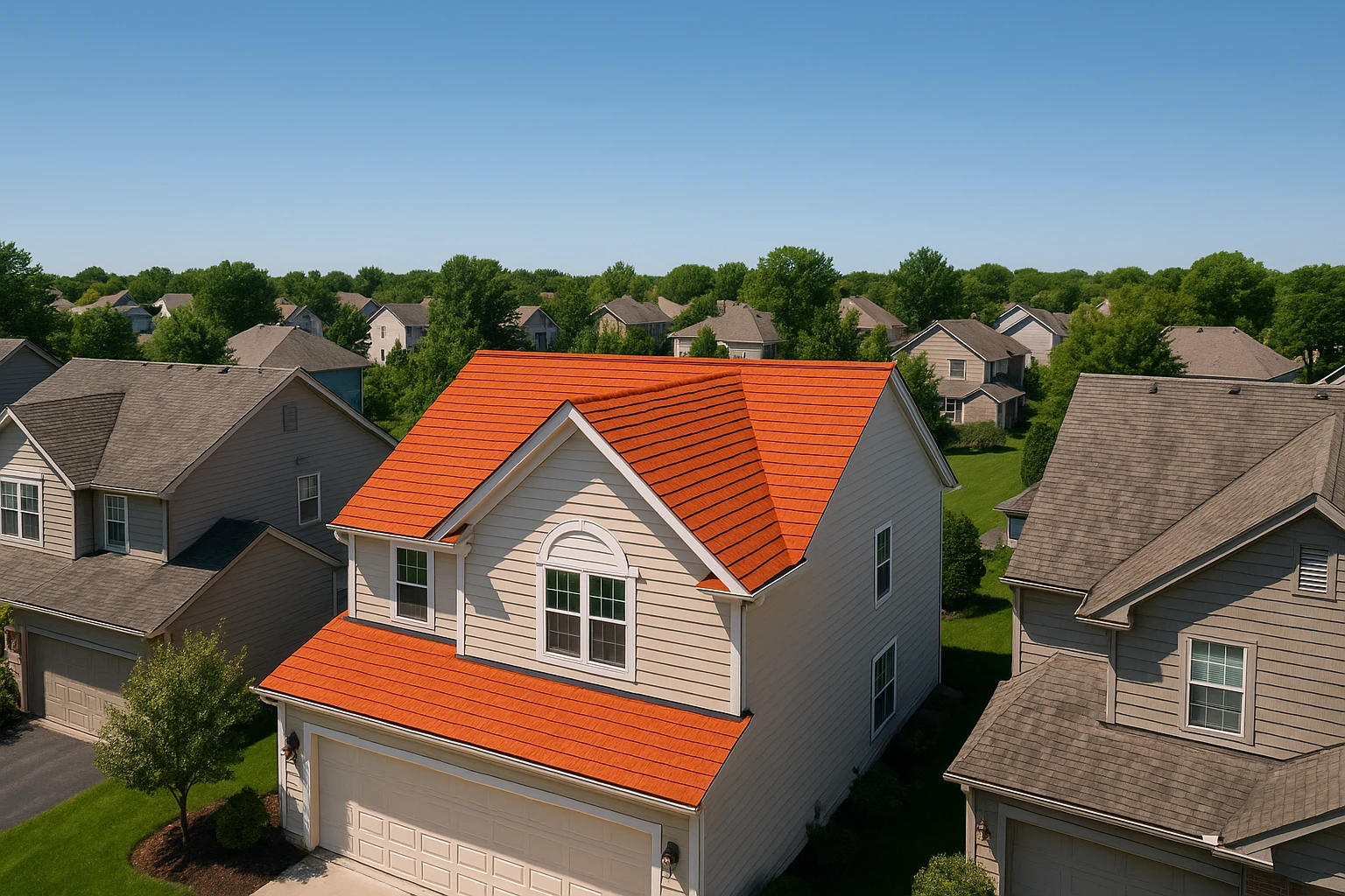 A scenic aerial view of a row of suburban homes, highlighting one house with a noticeably vibrant and newly-treated roof, showcasing the effect of the All American Roof Shield Fresh Roof treatment amid older, weathered roofs nearby, under a clear blue sky.