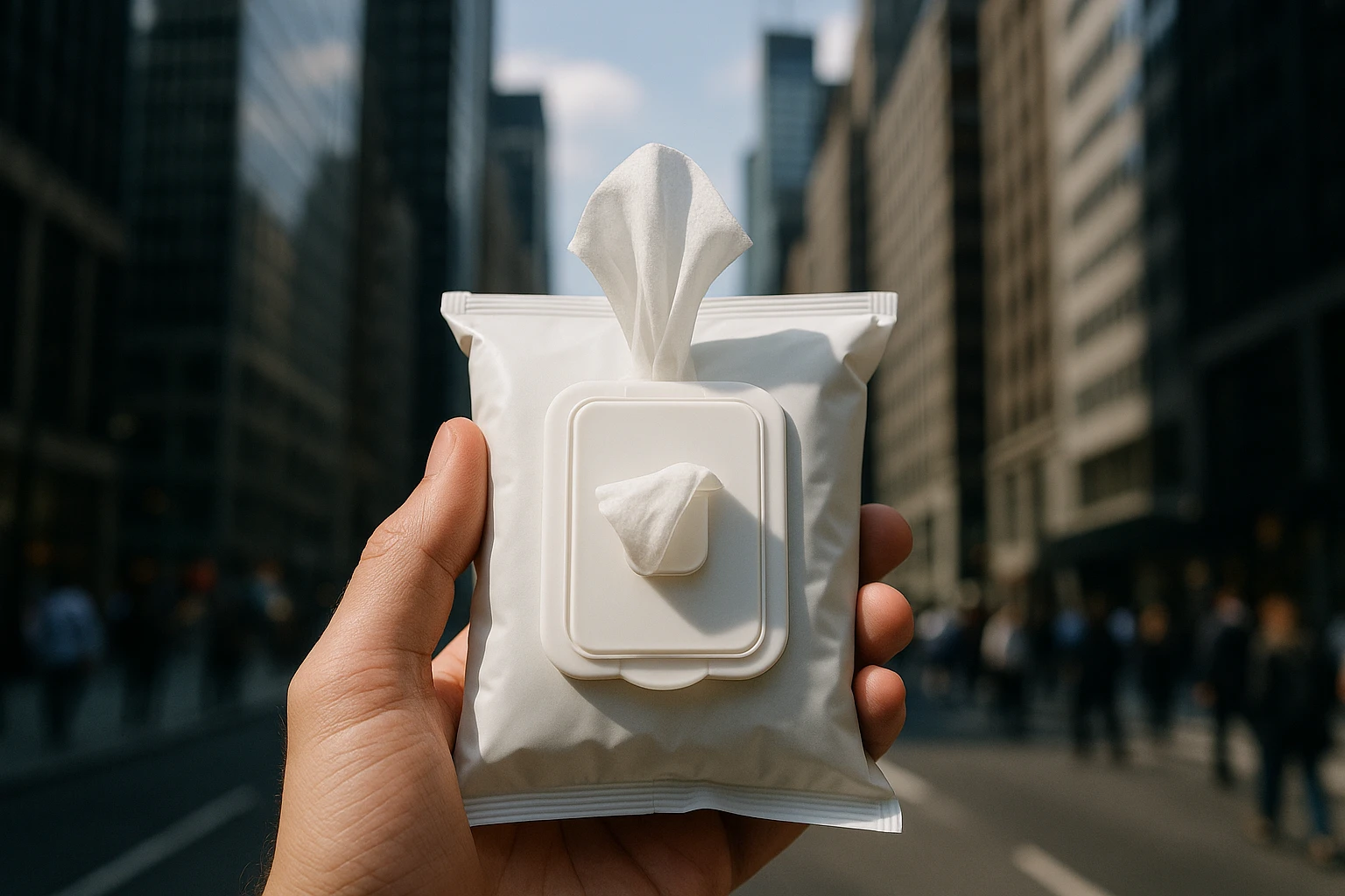 A close-up of a hand sanitizing wipe packet held by a person standing on a bustling city street, with skyscrapers and blurred pedestrians in the background.