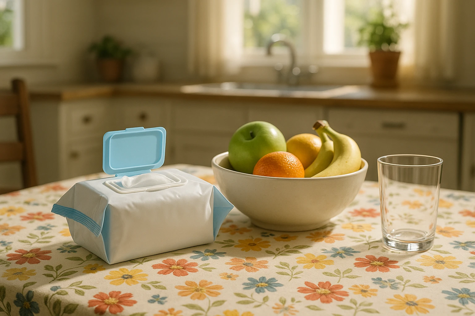 A table set in a sunny kitchen with a floral tablecloth displaying a neatly arranged box of hand sanitizing wipes next to a fresh bowl of fruit and a clean, empty glass.