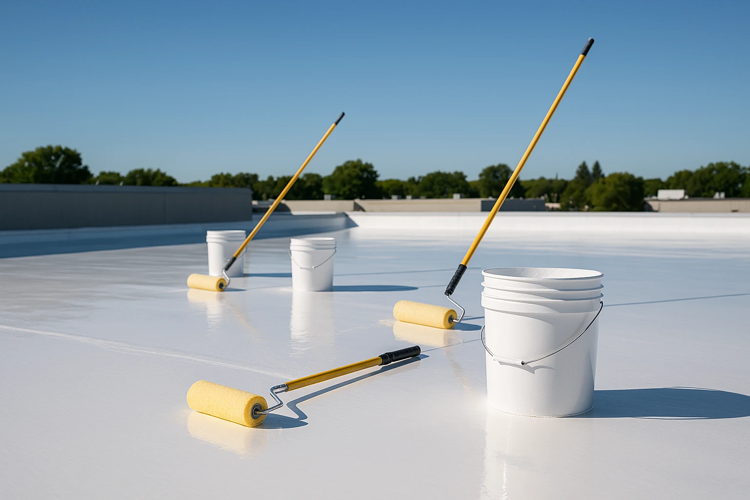 A flat rooftop with a reflective white coating under bright sunlight, surrounded by tools like rollers and buckets of roof sealant, with a clear blue sky in the background, showcasing the application process of protective roof coating.