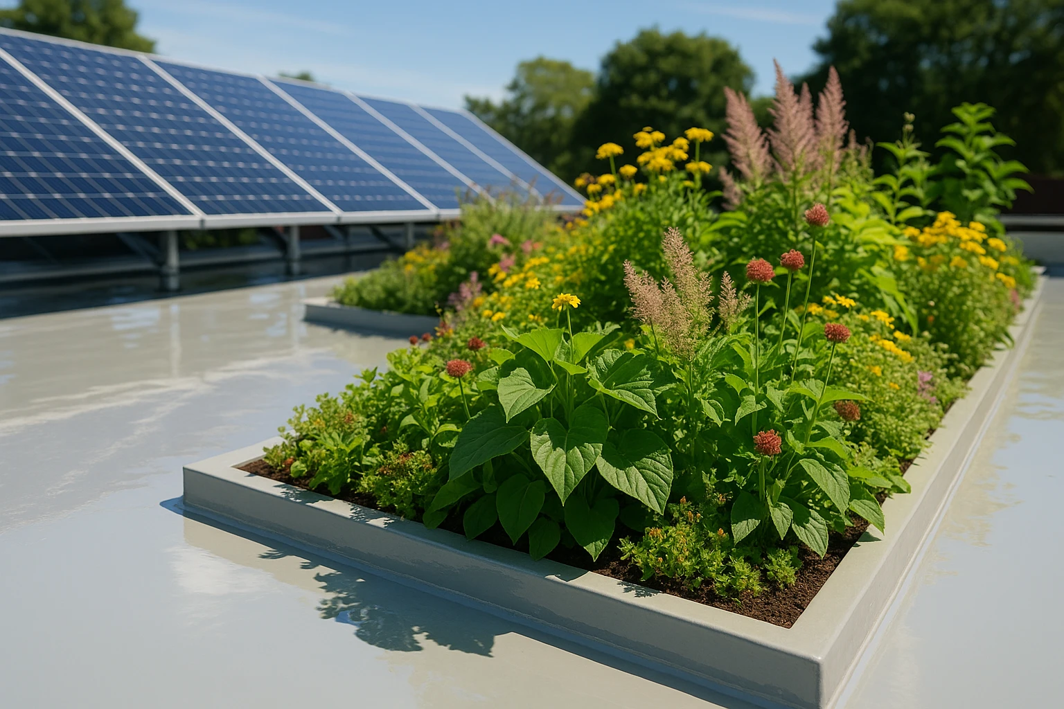 A rooftop garden with lush green plants and flowers, equipped with a solar panel array and a newly applied glossy roof coating visible around the plants, showcasing the blend of sustainability and energy efficiency.