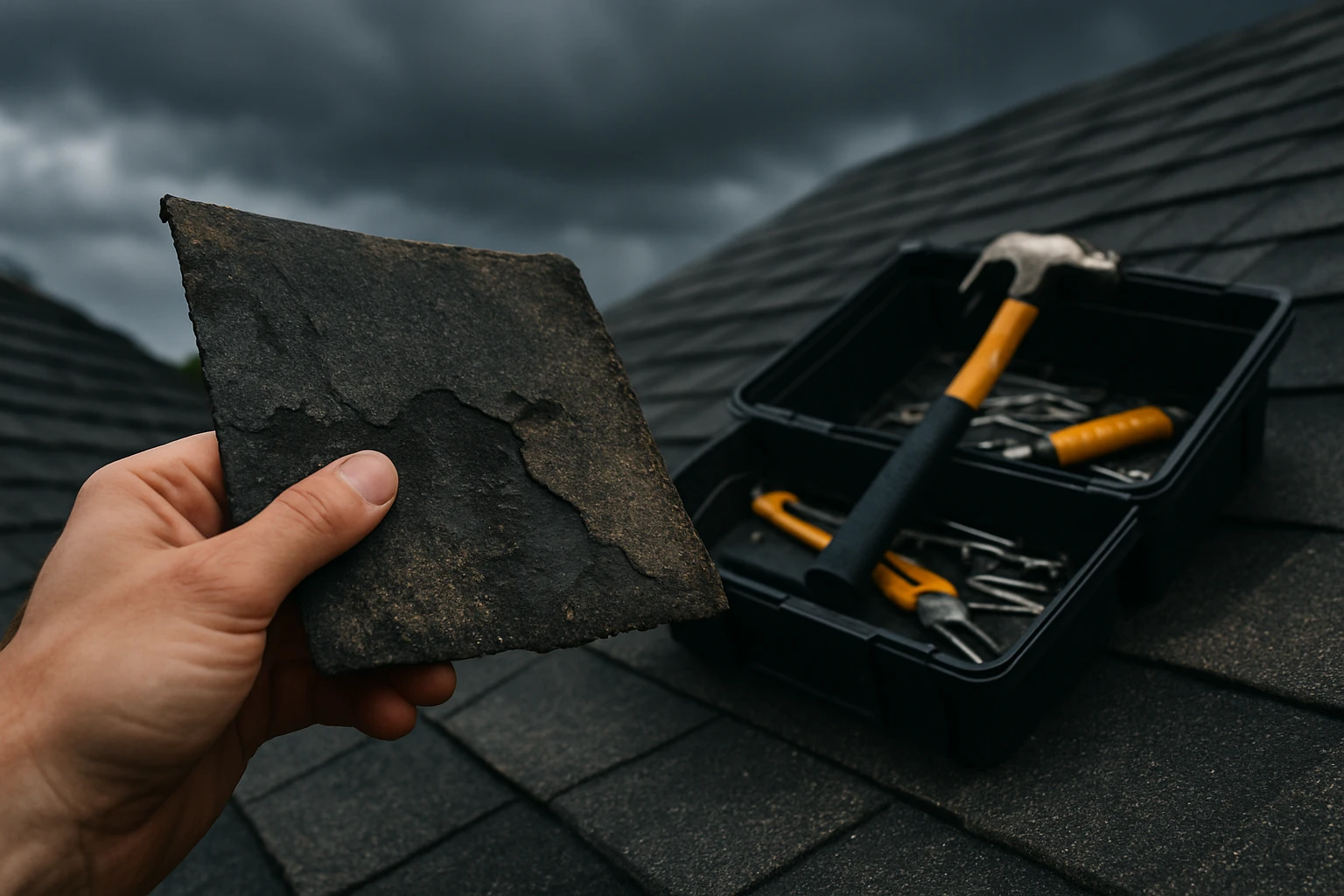 A close-up of a person’s hand holding a weathered shingle next to a roof, with a toolbox of roofing tools in the background and rain clouds looming overhead.