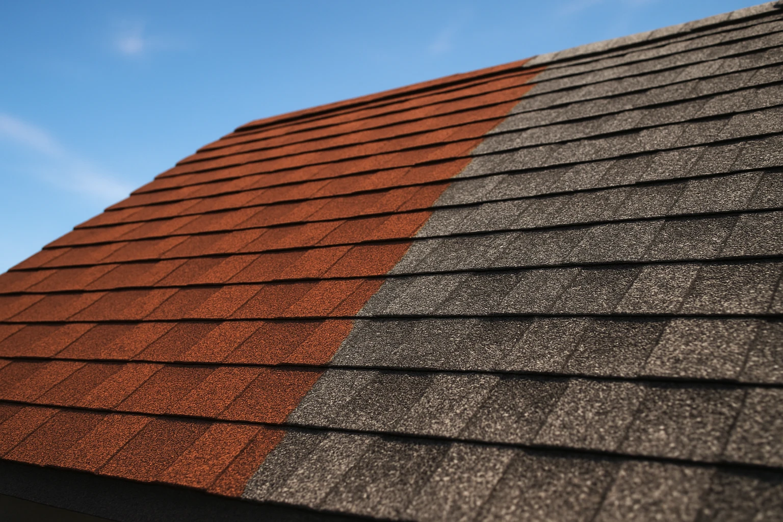 A close-up of two sets of asphalt shingles on a rooftop, one treated with a rejuvenating solution showing a vibrant, restored surface, while the other appears weathered and aged, set against a bright blue sky.
