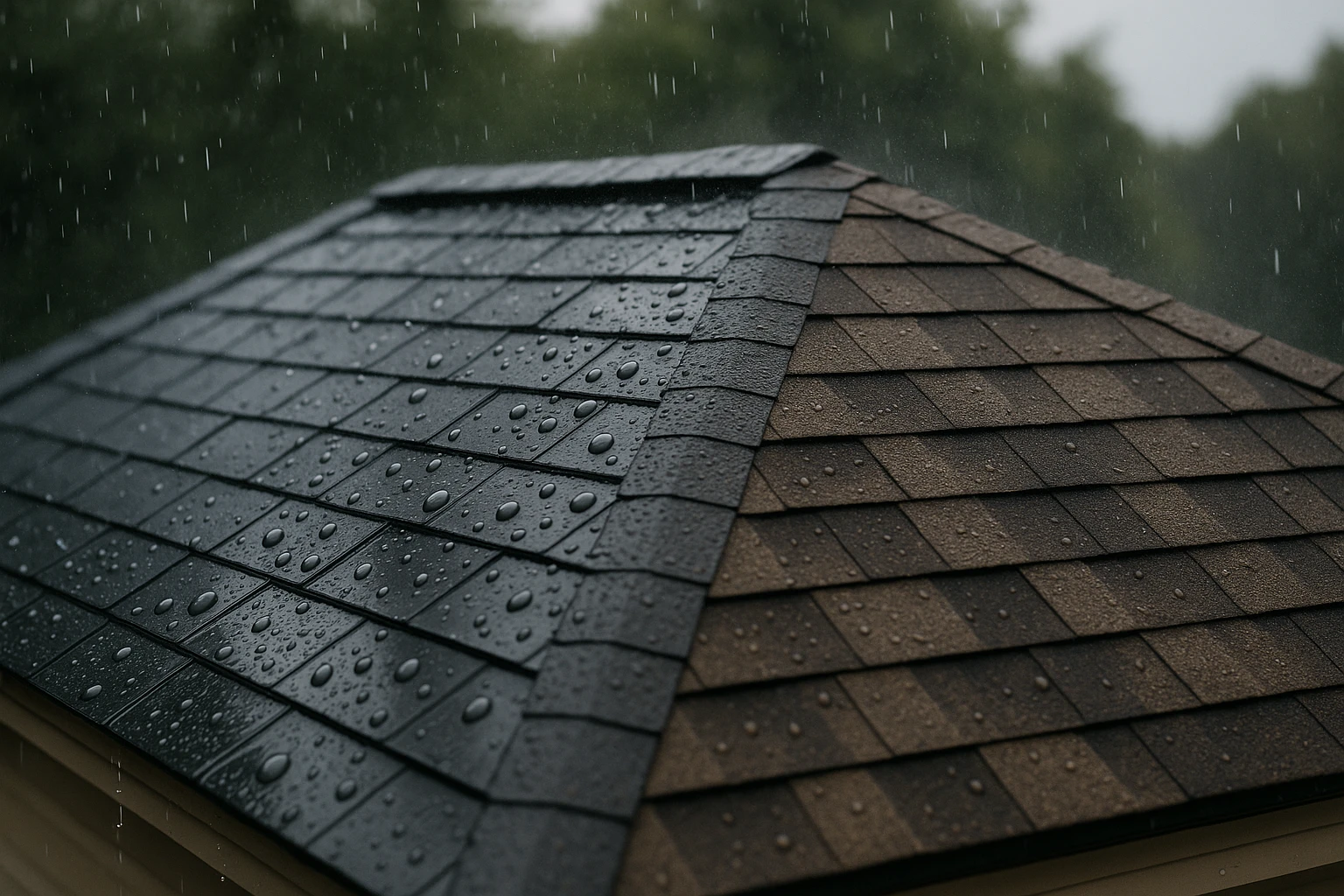 A rooftop during a light rain shower, showcasing two sections; one covered with a sleek, glossy coating representing Roof Shield, and the other with a matte finish for All American Roof Shield/Fresh Roof, highlighting how water beads on the treated side, illustrating weather resistance and protection.