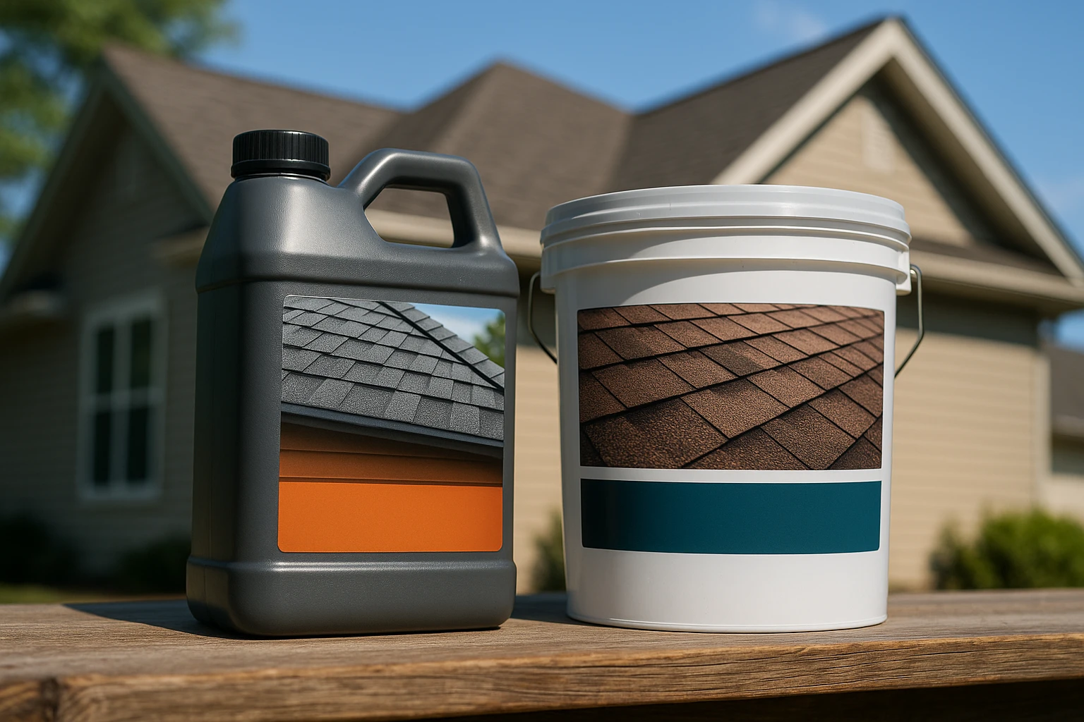A close-up of two roofing treatment containers side by side on a wooden bench, each labeled with distinct branding, set against a backdrop of a suburban house with a partially visible roof under clear blue skies.