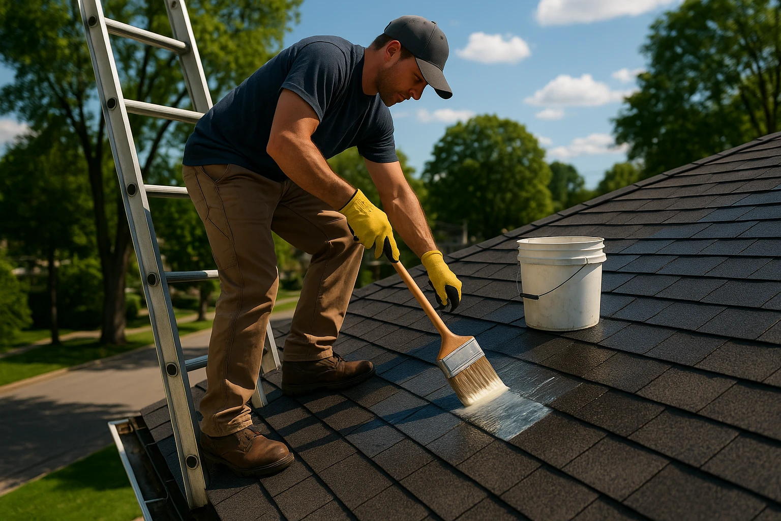 A rooftop scene with a worker standing on a ladder applying Liqua-Roof™ liquid solution to the shingles, with a bucket and a brush visible nearby, set against a backdrop of sunny skies and trees on a residential street.