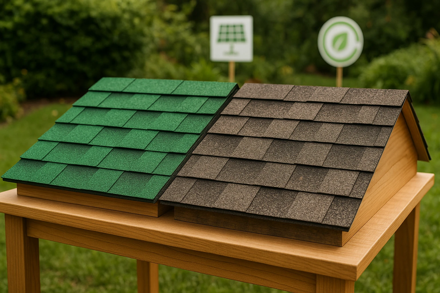 A detailed view showcasing two roof samples side by side on a wooden display table: one with vibrant, renewed shingles using the Bright Green Roof product, and the other with traditional aged shingles, set against a backdrop of a lush garden featuring eco-friendly signage.