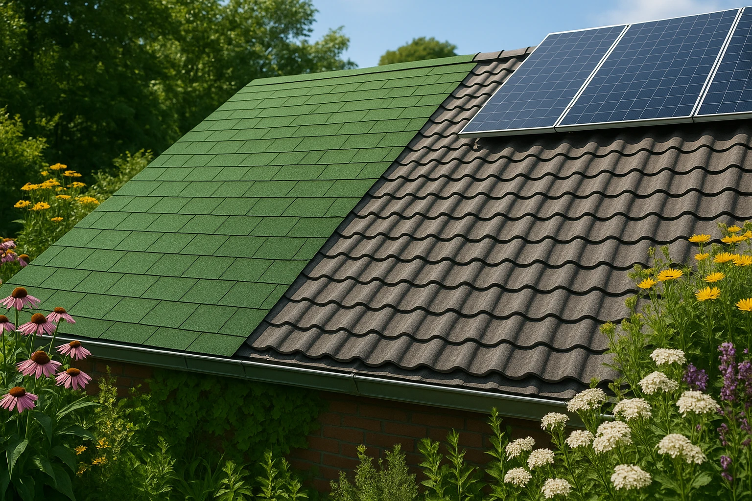 A rooftop garden scene displaying two sections of roofing: one side revitalized with Bright Green Roof featuring lush, vibrant green shingles, and the other with traditional gray tiles, framed by solar panels and surrounded by flowering plants.