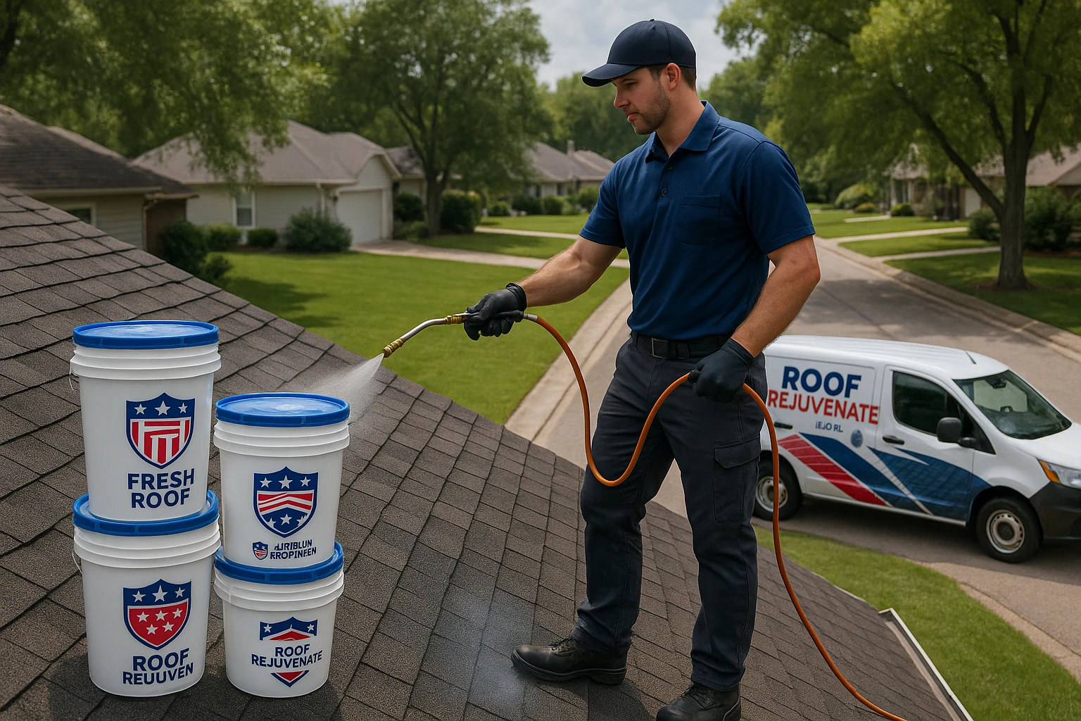 A technician stands on a residential rooftop, holding a spray applicator, applying a roof rejuvenation treatment; beside him, containers labeled 