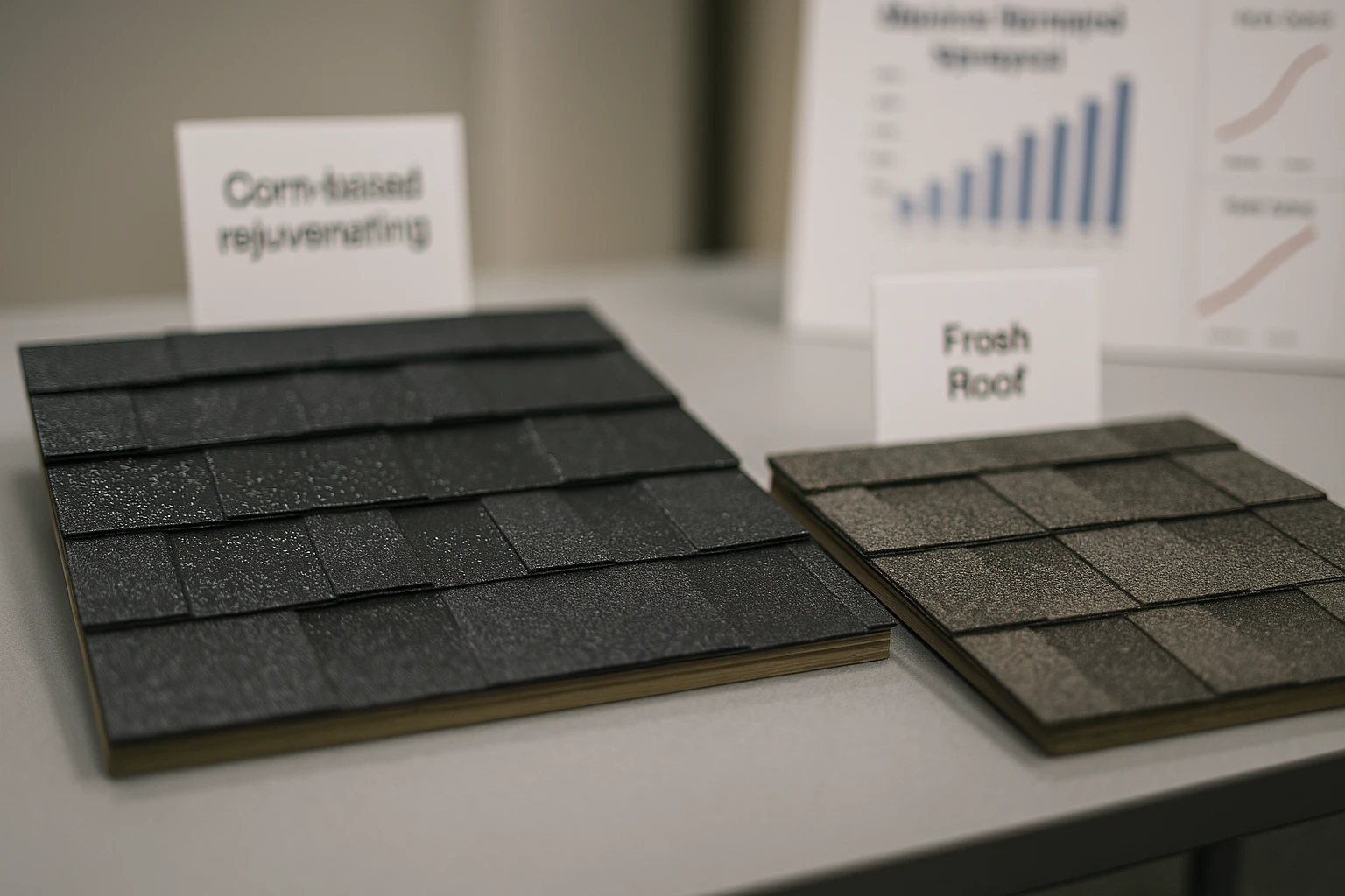 A close-up of two contrasting roof samples on a display table: one with a shiny, refreshed surface labeled with Roof Rejuvenate USA’s corn-based formula, and another with a matte finish showcasing All American Roof Shield's Fresh Roof treatment. Adjacent informational placards highlight product features, with a backdrop of charts indicating square footage sprayed year to date.