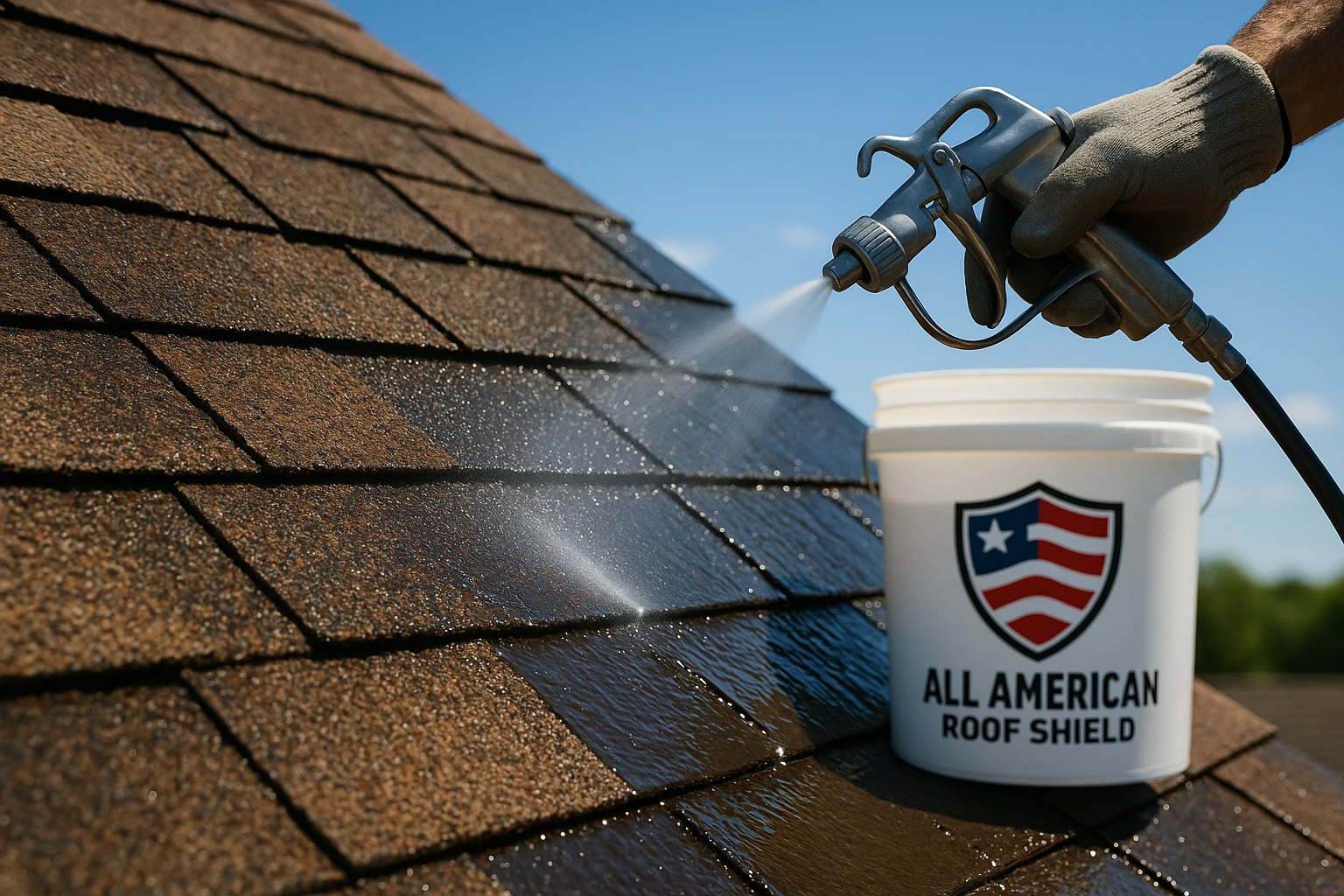 A close-up of a worn roof being sprayed with a glossy, protective coating while a branded