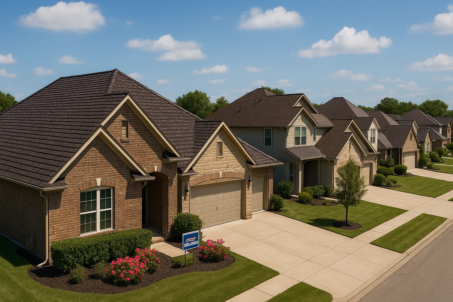 A panoramic view of a suburban neighborhood showcasing several houses with freshly treated roofs, gleaming under the sun with an