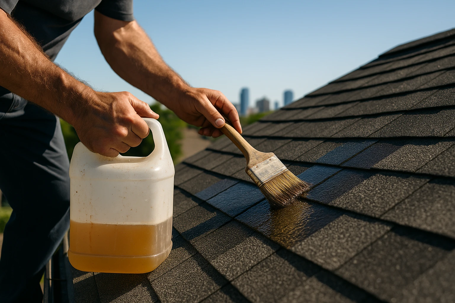 A close-up of a workman's hands applying a liquid rejuvenating solution to asphalt shingles on a sunny rooftop, with a view of the skyline in the background.
