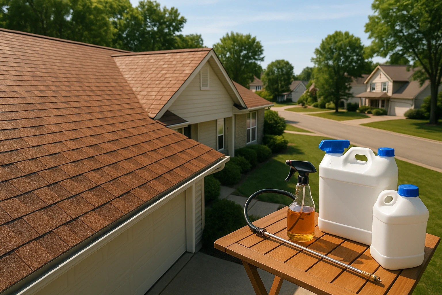 A picturesque suburban neighborhood with a newly rejuvenated roof reflecting sunlight, showcasing vibrant, flexible asphalt shingles. Nearby, a table displays an assortment of rejuvenation products and equipment, including a spray applicator and containers labeled