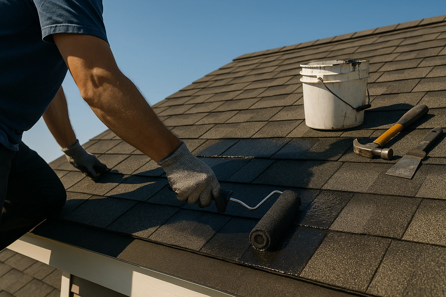 A close-up of a worker applying a protective sealant to a sunlit asphalt shingle roof using a paint roller, with nearby maintenance tools and a clear blue sky in the background.
