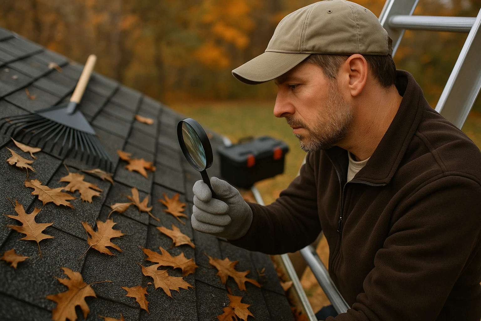A close-up of a homeowner on a ladder inspecting asphalt shingles with a magnifying glass, surrounded by fallen leaves on a cool autumn day, with a rake and toolbox visible nearby.