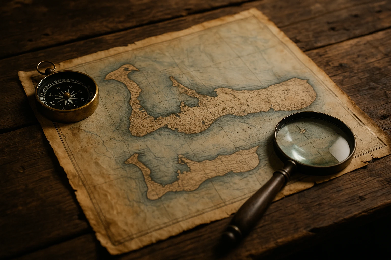 A close-up of a weathered map of the Cayman Islands spread out on a rustic wooden table, with a compass and a magnifying glass placed nearby, suggesting the tools of a resourceful private investigator navigating the diverse terrains.