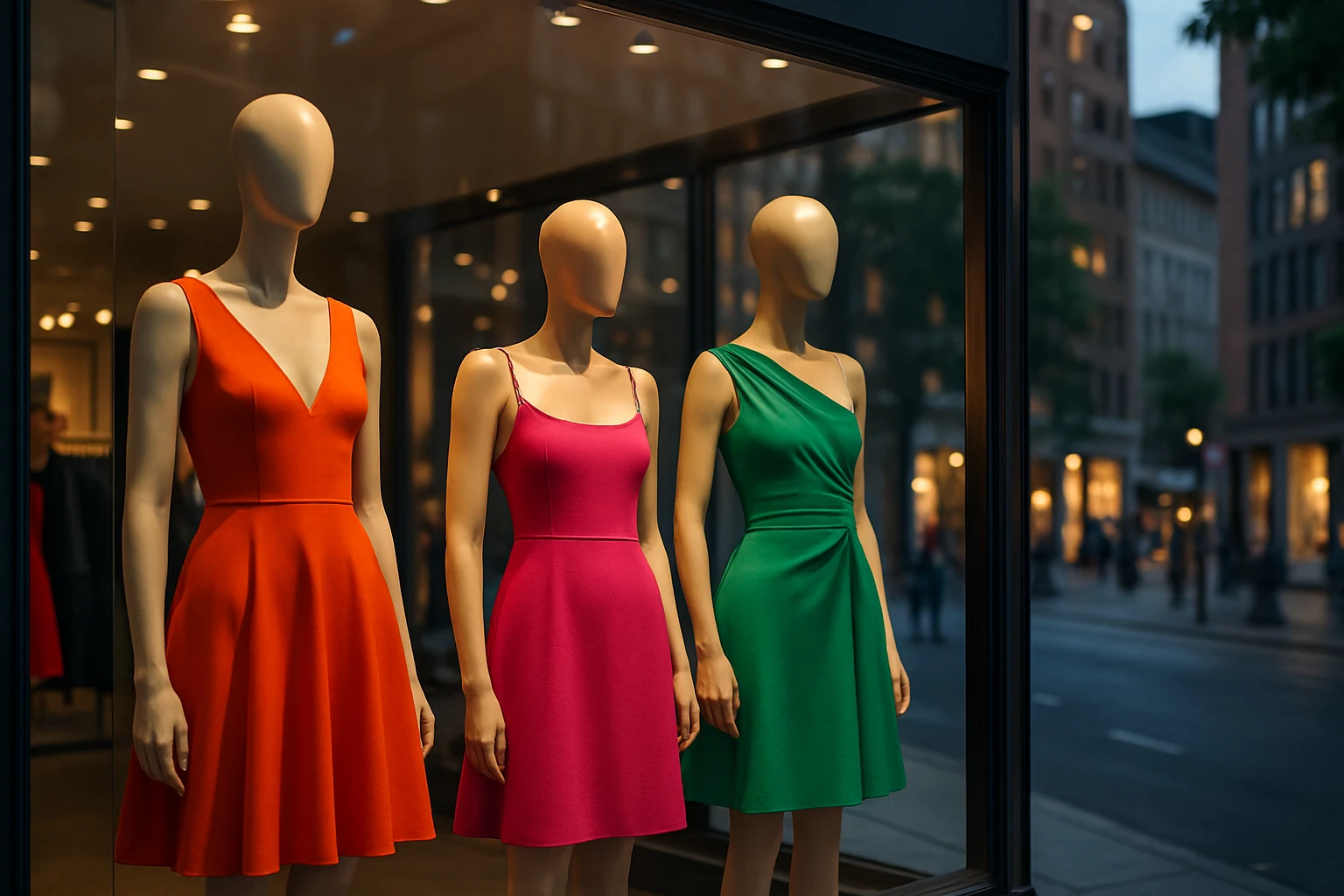 A boutique storefront window displays a collection of vibrant designer dresses on sleek mannequins, each showcasing different trendy silhouettes and bold colors, under a soft evening glow on a bustling city street.