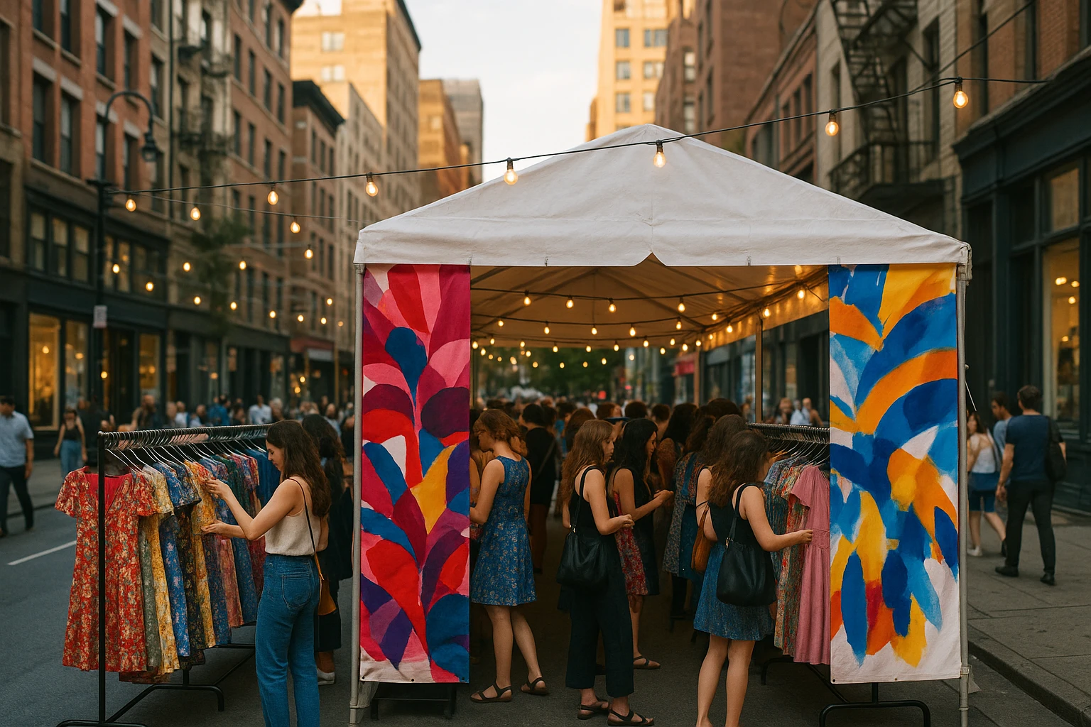 A bustling urban street features a temporary pop-up shop with vibrant banners showcasing exclusive designer collaborations. Nearby, visitors eagerly browse through racks of limited-edition dresses displayed in neat rows, beneath overhead string lights creating a festive atmosphere.