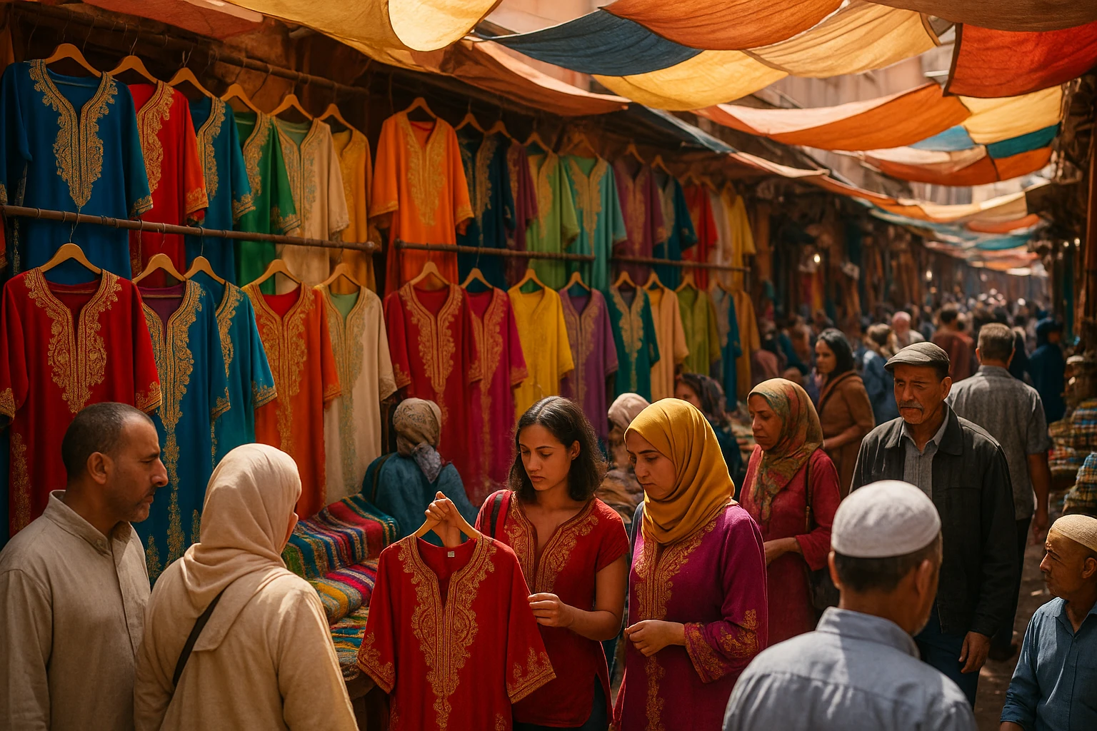 A bustling Moroccan marketplace with vibrant stalls displaying intricate, hand-embroidered kaftans, surrounded by attendees admiring the rich colors and patterns under a canopy of fluttering awnings.