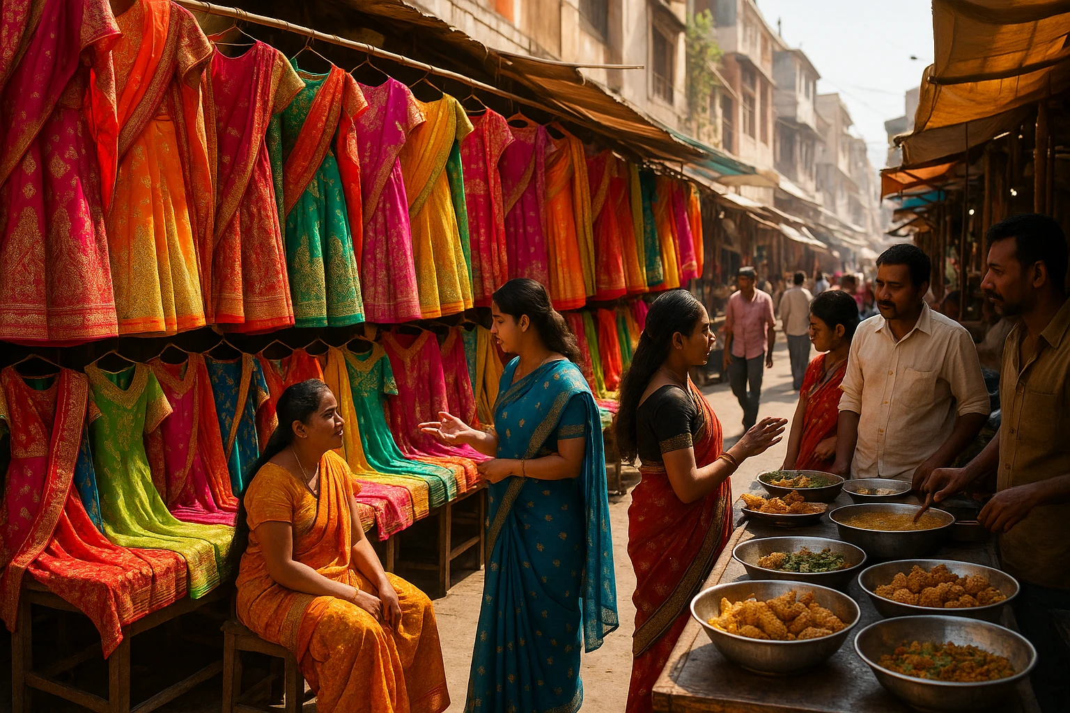 A sunlit Indian street market with colorful sarees and lehengas draped across open-air stalls, showcasing intricate patterns and vibrant hues, while passersby discuss the craftsmanship with attentive vendors amidst aromatic food stands.
