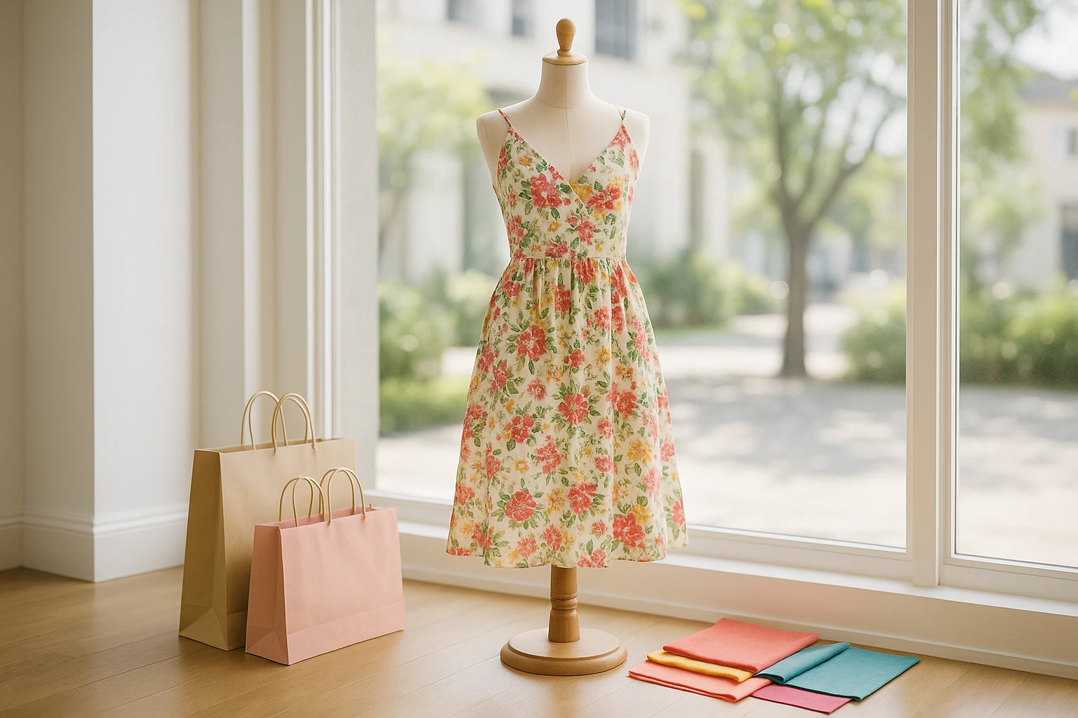 A mannequin in a bright, airy boutique window elegantly displays a floral summer dress, surrounded by neatly arranged shopping bags and vibrant fabric swatches, capturing the essence of a user-friendly dress shopping experience.