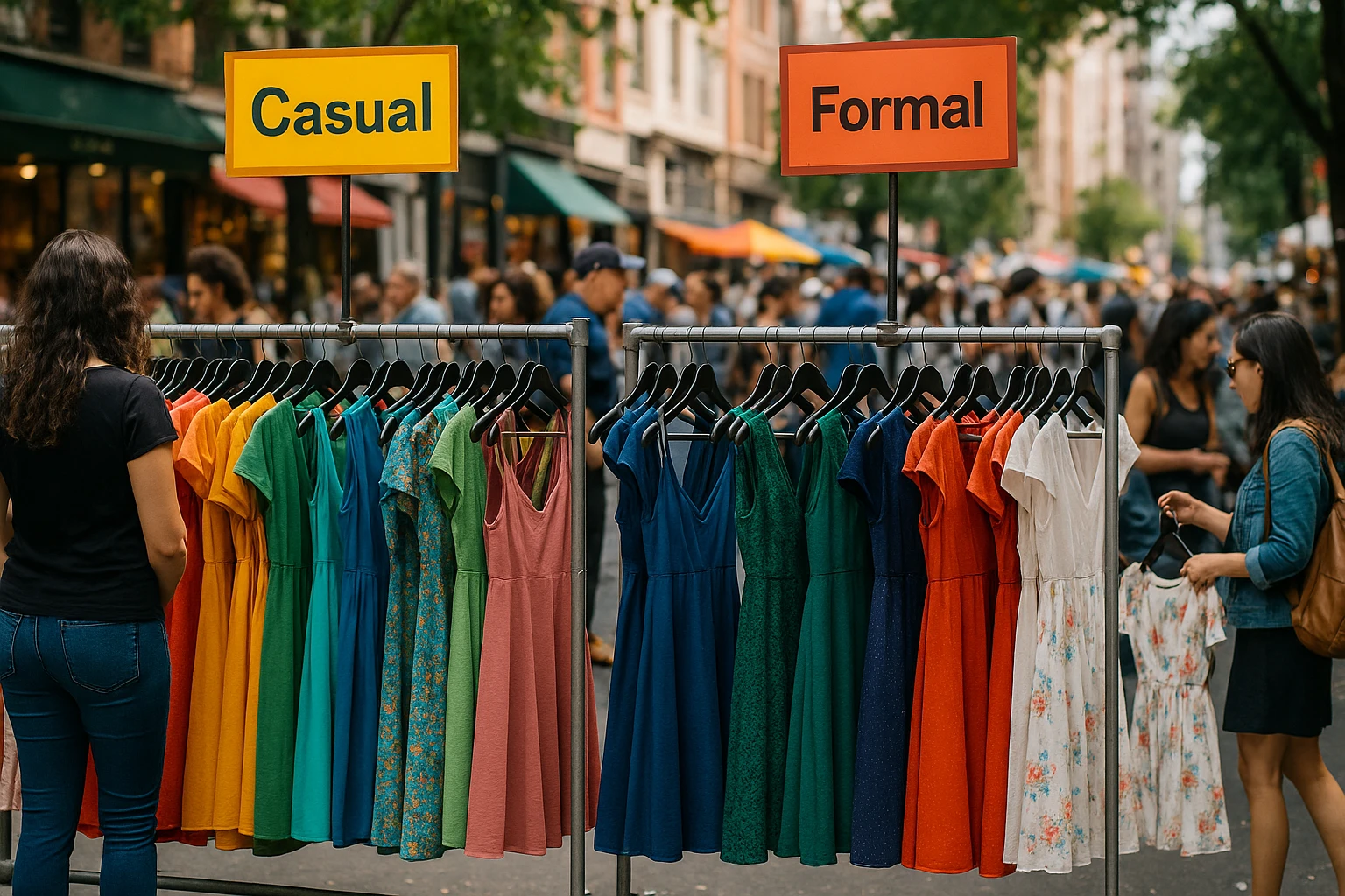 A vibrant outdoor street market stall displays an array of dresses neatly hung on racks, with colorful signage marking sections like 