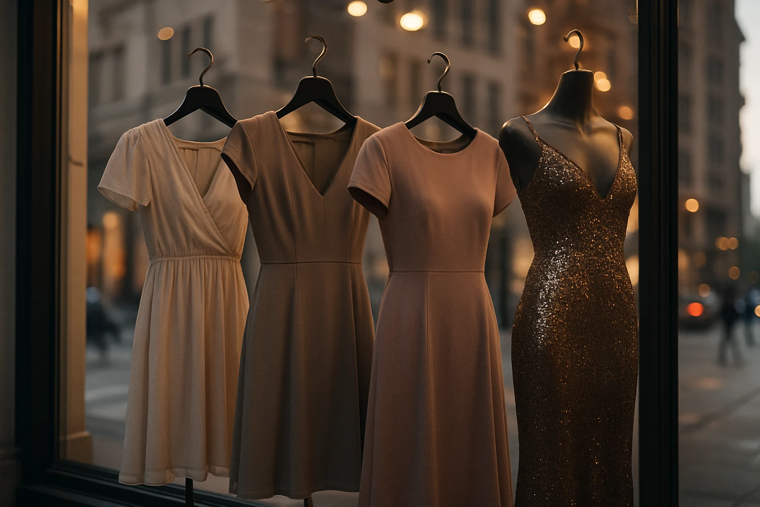 A series of elegant dresses hung on display in a boutique window, each styled for different occasions—day wear in light, breezy fabrics, semi-formal options in muted tones, and a striking evening gown with sequins reflecting under warm lights; the scene is set in a bustling city street, hinting at the versatility needed for urban events.