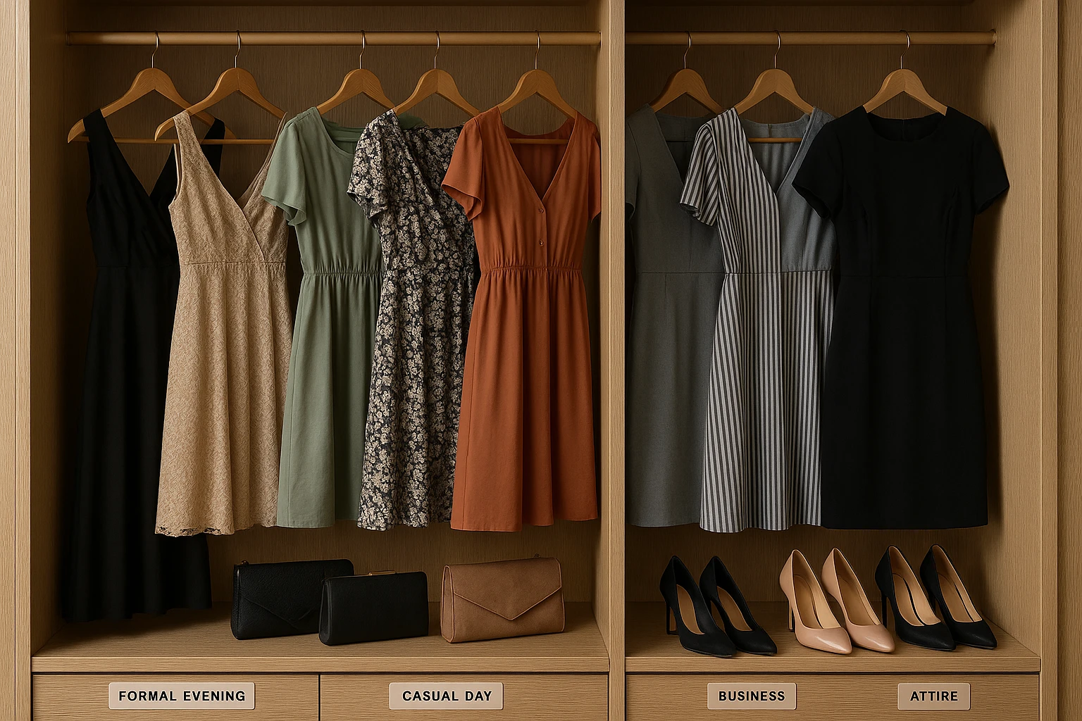 A well-organized closet with a variety of dresses neatly arranged; a label on each section indicates categories like 