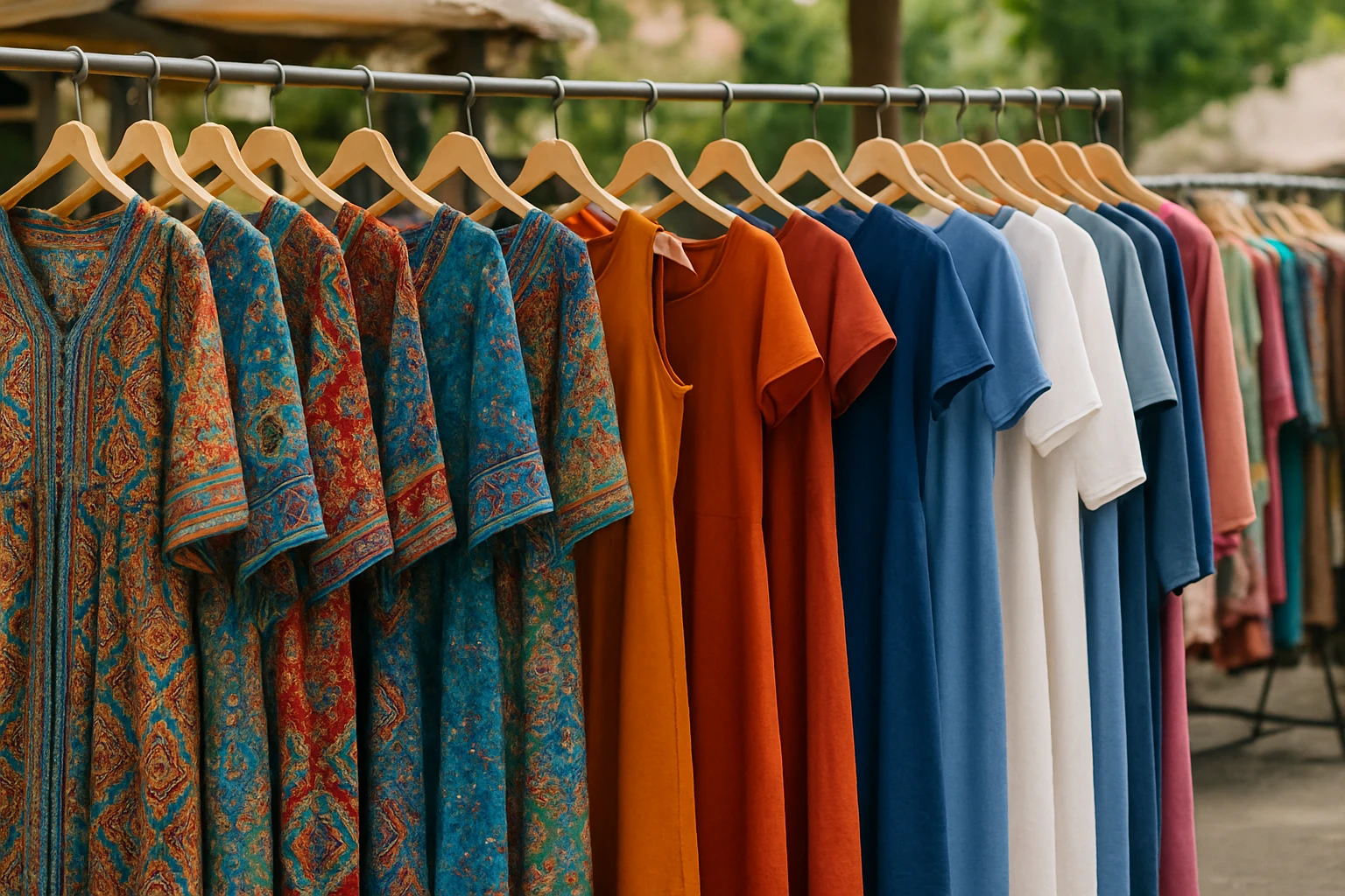 A colorful outdoor market display showcases a vibrant array of dresses: intricate Moroccan patterns hang alongside sleek, minimalist Scandinavian designs, creating a tapestry of global fashion harmoniously blending in an open-air boutique.