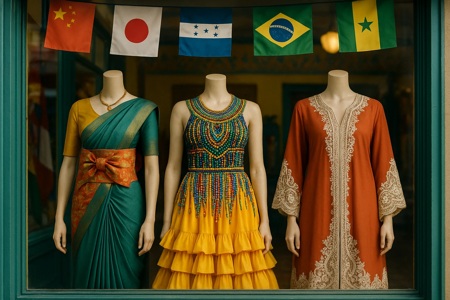 A vibrant storefront displays mannequins dressed in a fusion of cultural styles: an Indian sari with a Japanese obi, a Brazilian carnival dress with African beadwork, and a Middle Eastern kaftan with European lace, all under decorative international flags.