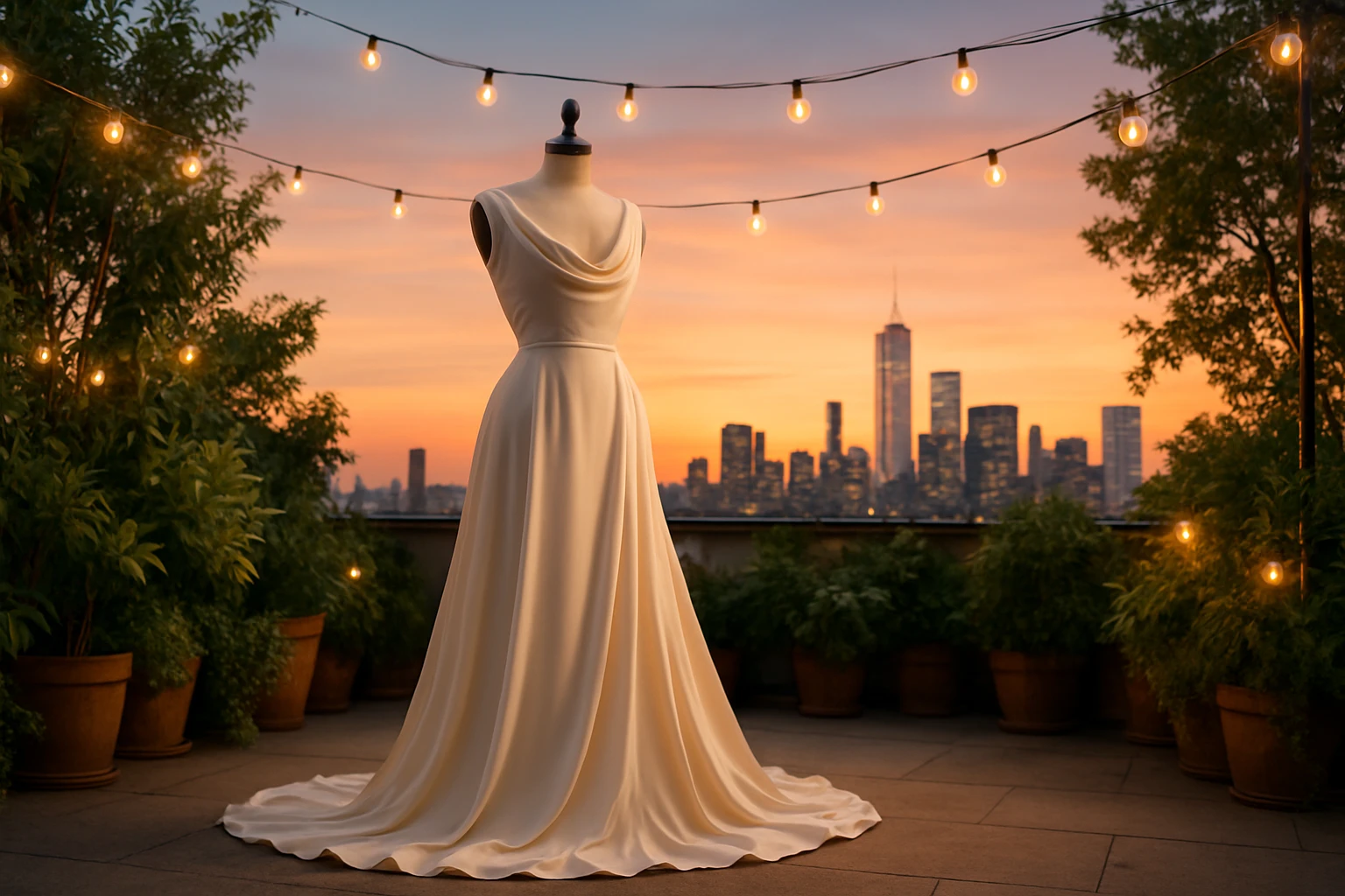 A flowing ivory gown draped elegantly over a mannequin stands on a rooftop terrace, surrounded by lush greenery and glowing string lights, with a panoramic view of the city skyline at sunset.