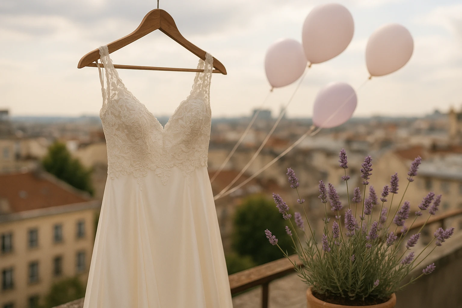 A delicate silk wedding dress with intricate lace detailing hangs on a rustic wooden hanger next to a blooming lavender plant on a breezy rooftop, the cityscape blurred in the background as pastel balloons flutter gently in the wind.