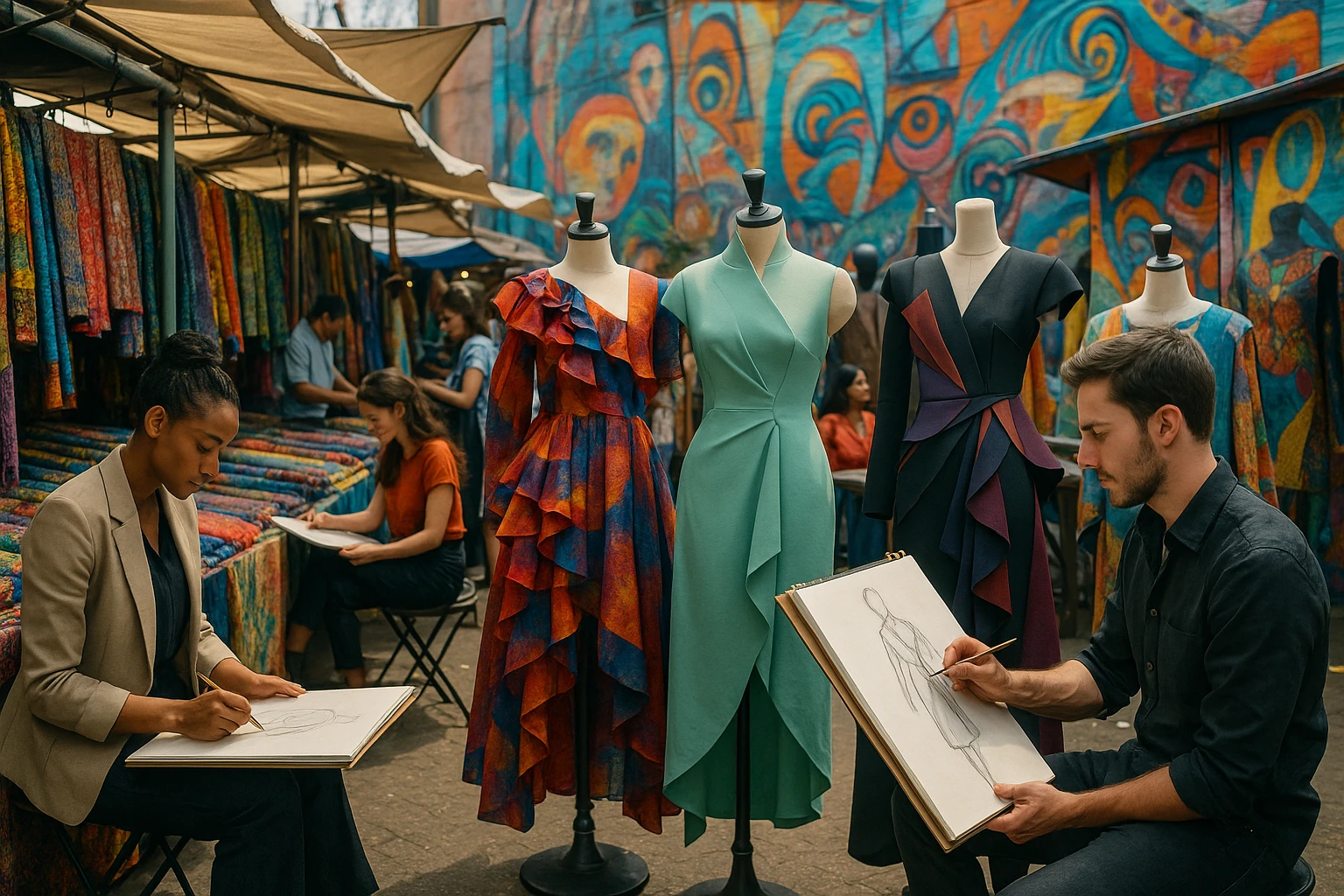 A bustling open-air fashion market filled with vibrant textile stalls, mannequins showcasing avant-garde designs, and designers sketching new creations on large sketchpads amid a backdrop of colorful, artistic murals.