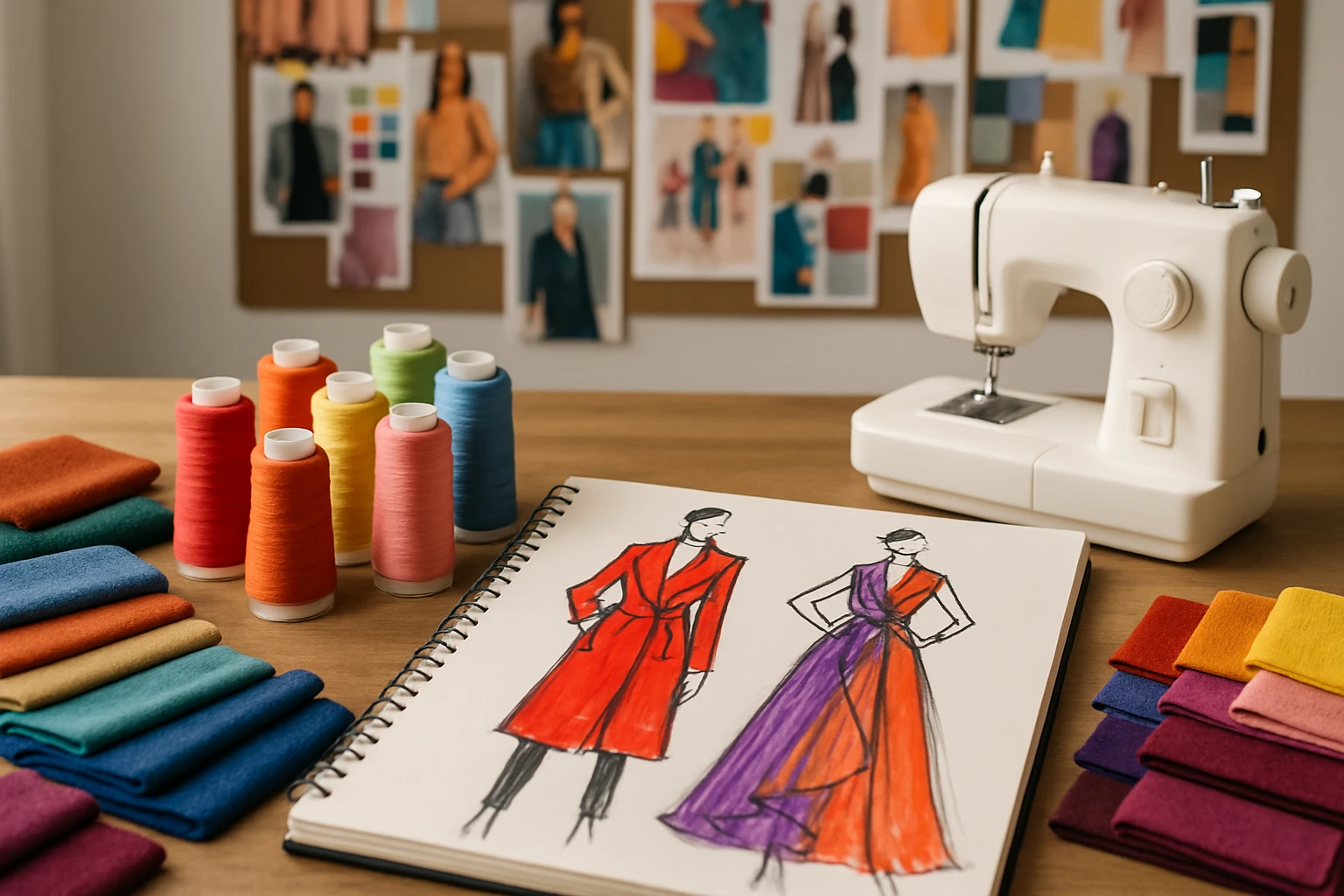 A close-up of a designer's studio table filled with fabric swatches, colorful thread spools, a sketchbook revealing bold fashion sketches, and a small sewing machine, with a background of inspirational mood boards pinned to the wall.
