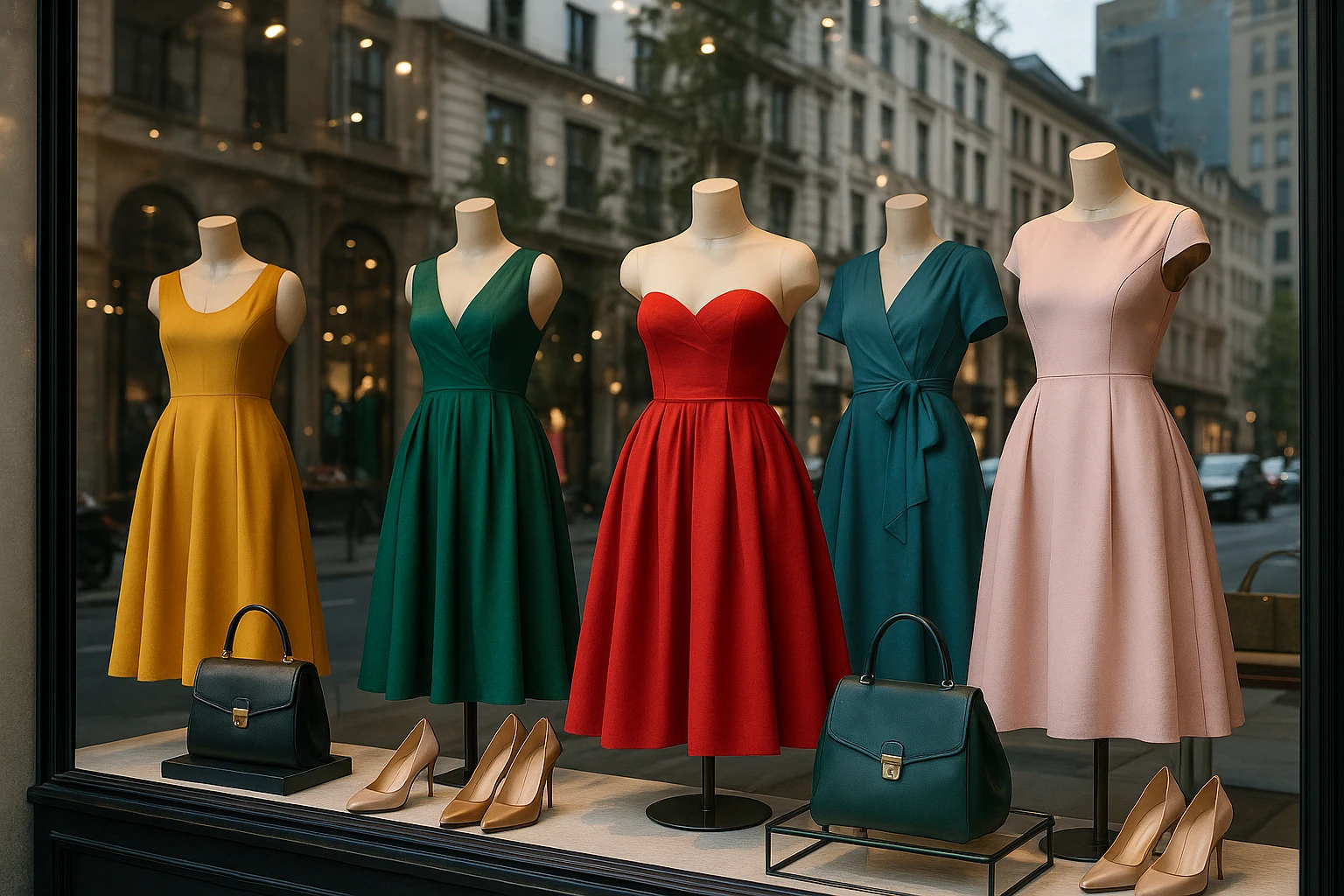 A vibrant scene in a boutique window display with mannequins adorned in beautifully tailored dresses of various colors and styles, surrounded by elegant accessories, with a chic city street view reflecting in the glass.