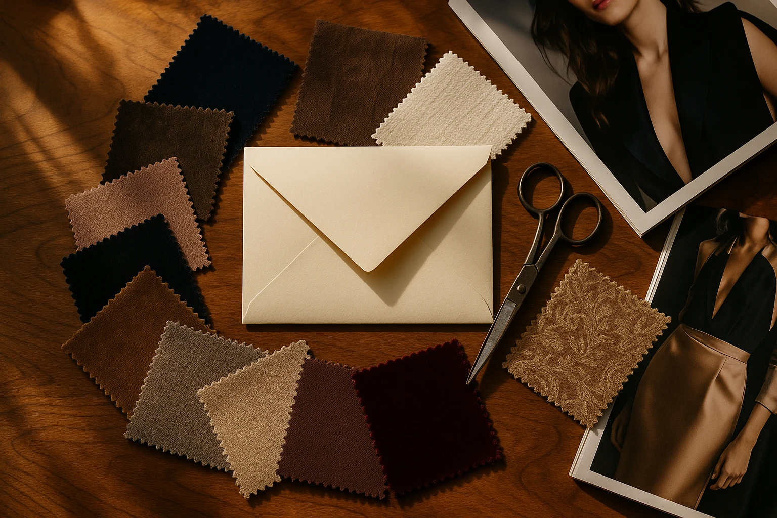 A flat lay of an elegant invitation envelope surrounded by swatches of luxurious fabrics in various colors and patterns, high-fashion magazines, and a pair of vintage scissors, set on a wooden table with natural sunlight streaming in.