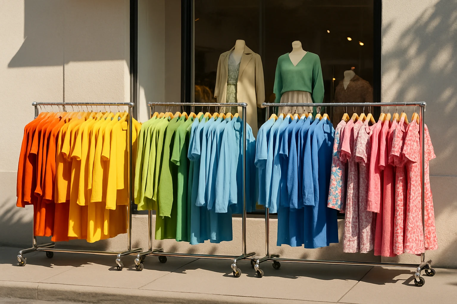 A display of vibrant clothing racks under natural sunlight, each filled with the latest seasonal fashion, outside a trendy boutique with a minimalist design and a large glass window showcasing curated mannequins adorned in stylish spring attire.