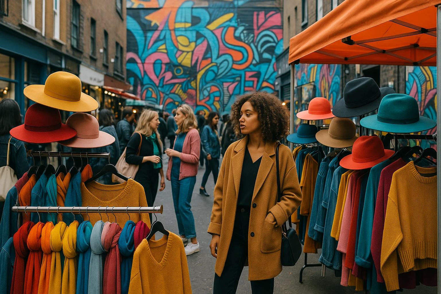 A bustling street market scene with colorful stalls displaying trendy seasonal fashion items, such as oversized hats and vibrant scarves, against a backdrop of urban graffiti art emphasizing modern style trends.