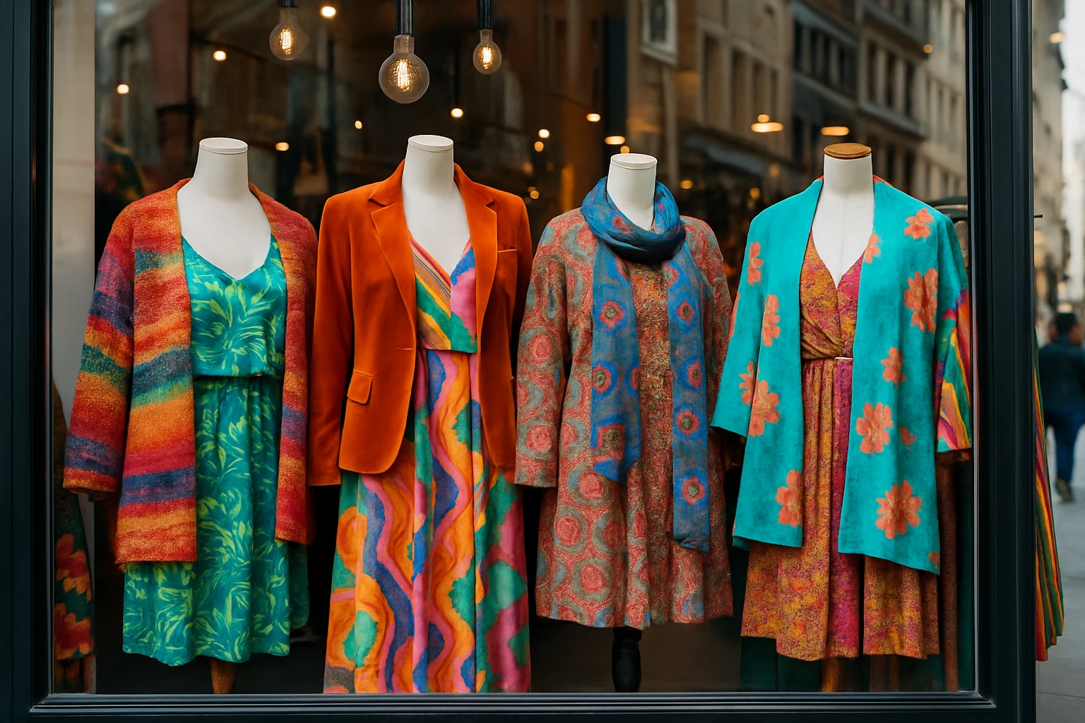 A vibrant boutique window display on a bustling city street, showcasing an eclectic mix of unique clothing pieces on mannequins, with colorful fabrics and intriguing patterns drawing in passersby.