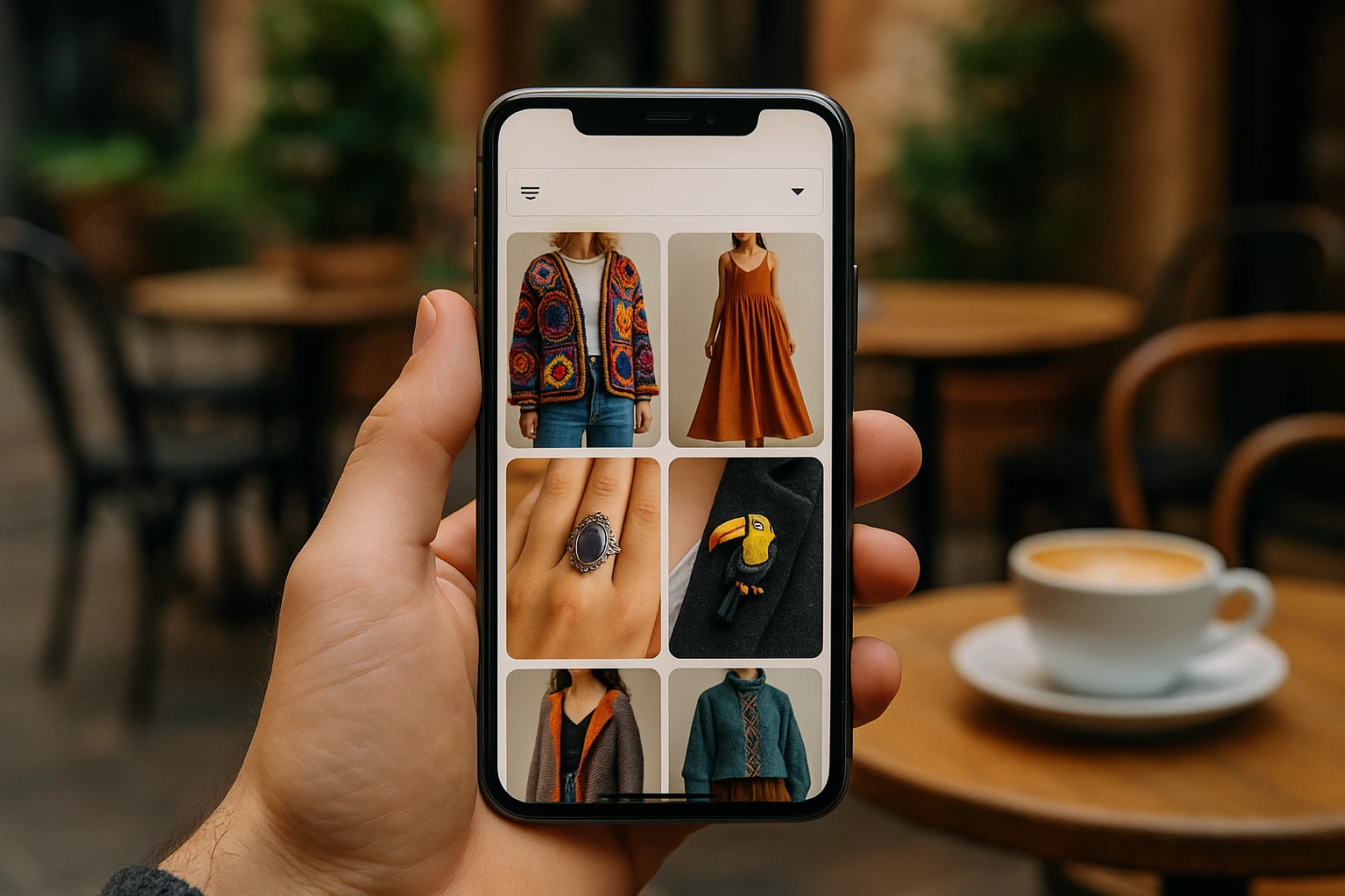 A hand holding a smartphone displaying the search filters on the Etsy app, with vibrant images of unique clothing pieces and accessories filling the screen, set against the backdrop of a cozy outdoor café.