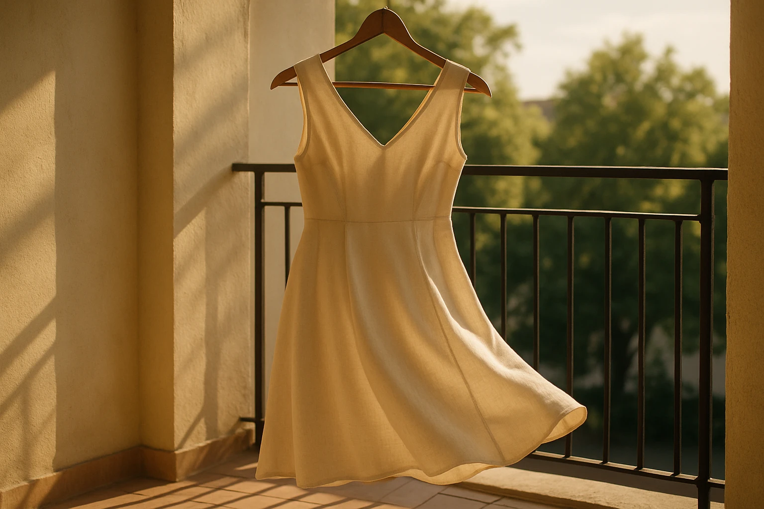 On a sunlit balcony, a dress hangs elegantly on a wooden hanger, allowing a gentle breeze to flow through its high-quality fabric, highlighted by the morning light that reveals the attention to detail in its stitching and texture.