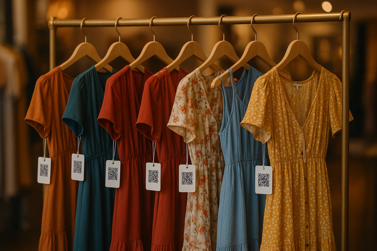 A clothes rack in a cozy, stylish boutique features various dresses tagged with QR codes, ready for scanning by curious shoppers, beneath soft ambient lighting that highlights the vibrant colors and textures of the fabrics.
