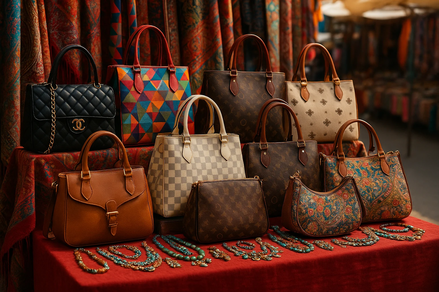 A vibrant marketplace stall displays an array of international designer handbags, each with unique patterns, materials, and styles, surrounded by colorful textiles and intricate jewelry, set against the backdrop of a bustling outdoor bazaar.