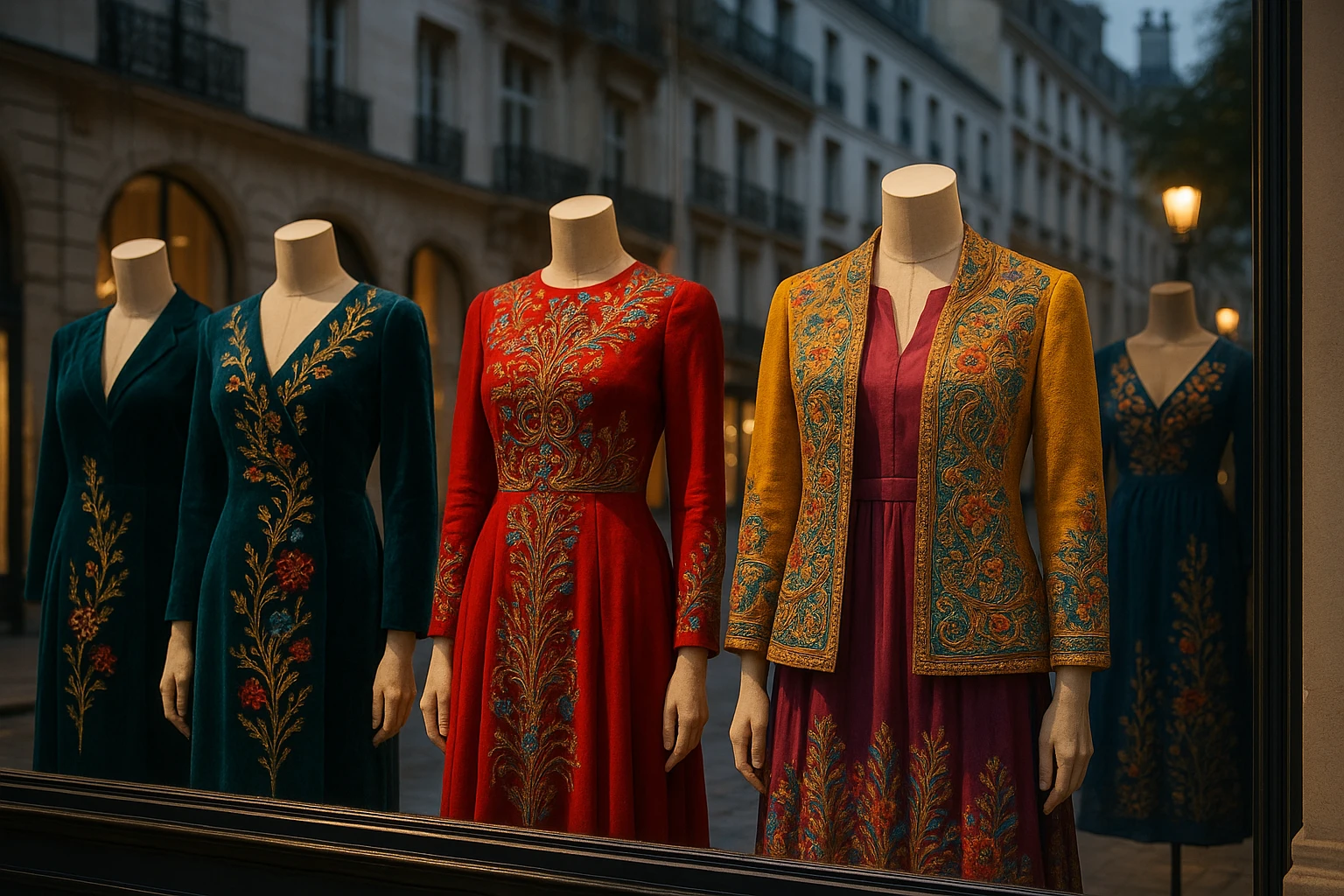 A luxury boutique window display features an array of high-end international designer clothing on mannequins, with intricate embroidery and vibrant colors, set against an elegant city street backdrop with softly glowing streetlamps.