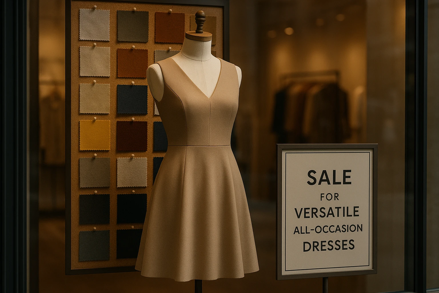 A stylish dress displayed on a mannequin in a boutique window, surrounded by swatches of various fabrics pinned to a board, with a sign nearby indicating a sale for versatile, all-occasion dresses.