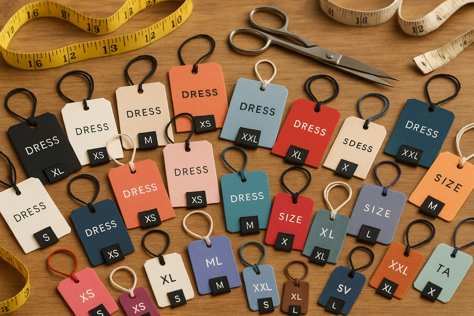 A colorful collage of various dress tags and size labels from different brands, displayed on a wooden table with measuring tapes and a pair of scissors nearby, suggesting the importance of understanding sizes when shopping online for versatile dresses.