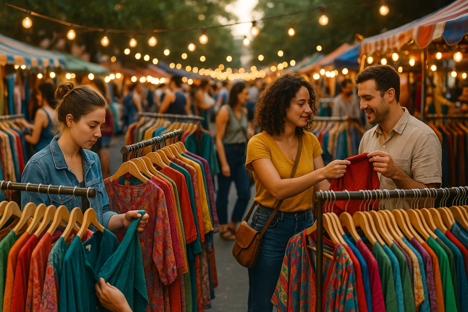 A vibrant outdoor market scene with colorful clothing racks under string lights; shoppers browse fabrics, touch garments, and compare styles with a backdrop of bustling vendor stalls.