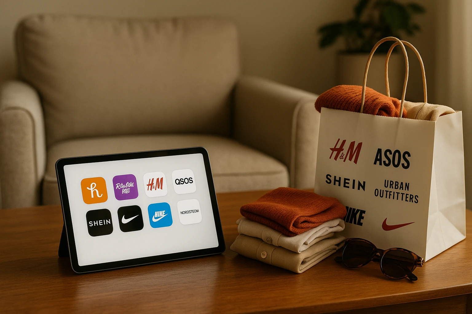 A cozy living room setting with a plush armchair and a sleek tablet displayed on the coffee table, showcasing various fashion apps like Honey and RetailMeNot. On the side, a stylish shopping bag with colorful fashion brand logos spills over with folded clothes and accessories, highlighting the theme of online fashion shopping.