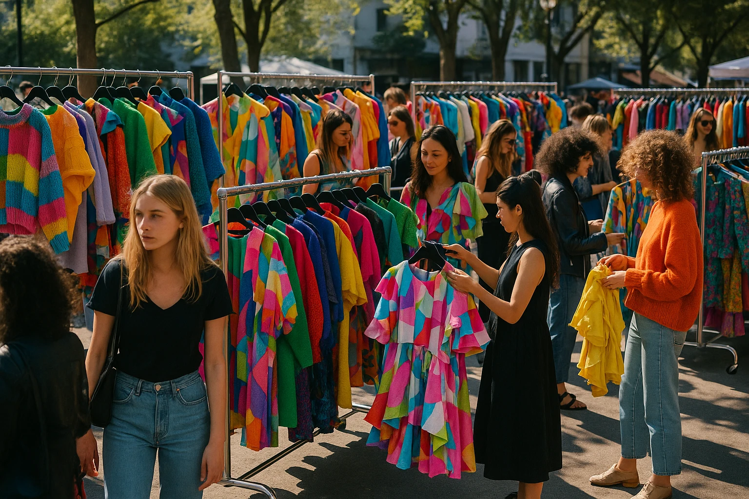 A vibrant outdoor market scene with colorful clothing racks displaying avant-garde designs, surrounded by bustling fashion enthusiasts discovering unique labels, soft sunlight casting playful shadows.